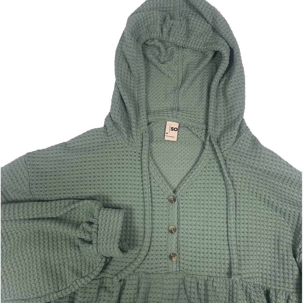 SO Goods For Life Waffle Henley Hoodie Womens Medium Green Balloon Sleeve Top